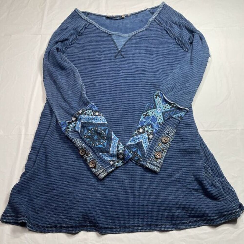 Soft Surroundings Women Waffle Knit Thermal Long Sleeve Blue Embellished Cuff S